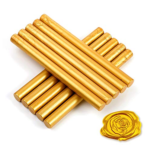 11mm Gold Siegelwachs für Heißklebepistole Klebe Pistole,10Stück Siegellack Wachs Versiegelung Sticks für Retro Vintage Siegel Stempel Brief Hochzeit Einladungen Karten Umschläge Geschenk Verpackung
