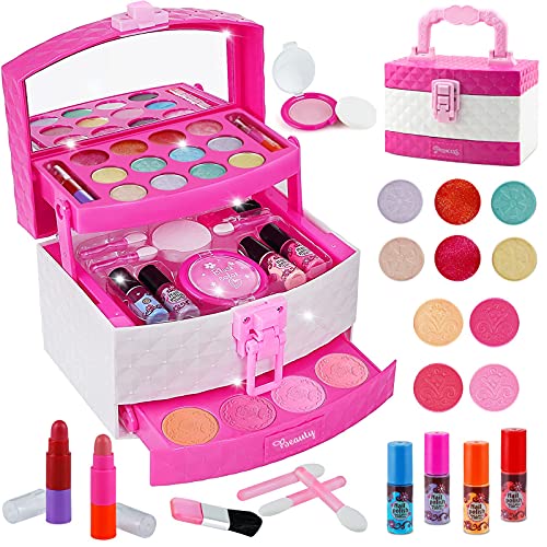 Tepsmigo Kids Makeup Kit for Girls, Real Makeup Set Washable Makeup Kit for Kids - Girl Gift Toys Toddler Play Makeup Set with Mirror for Pretend Play Makeup for Birthday Halloween (White)