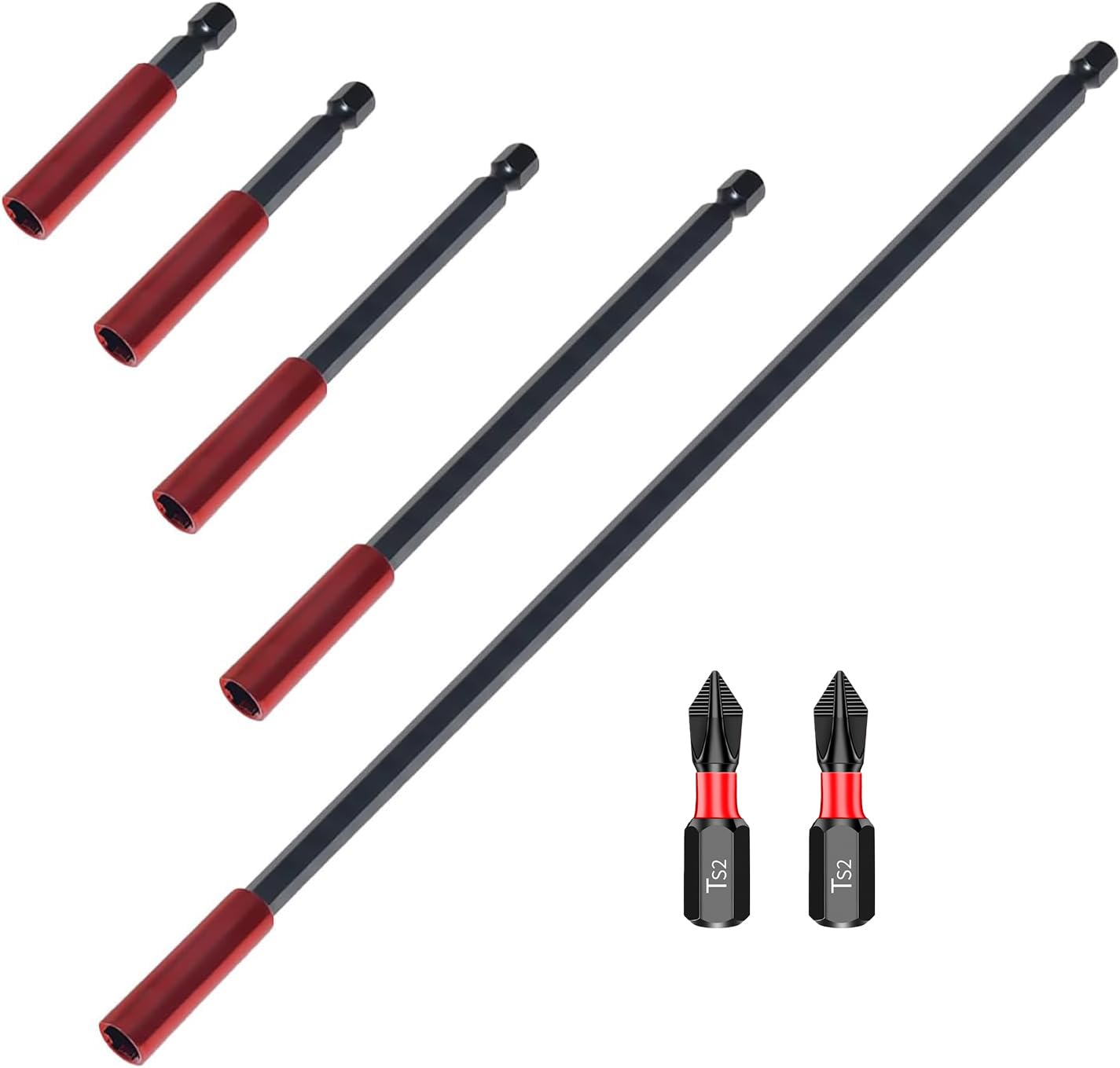 5 PCS Magnetic Bit Holder + 2 PCS Non-Slip Screwdriver Bit Set,S2 Steel Impact Duty 1/4” Hex Shank Drill Holder 50mm 60mm 100mm 150mm 300mm Drill Extension Compatible with Bosch Makita Dewalt (7)