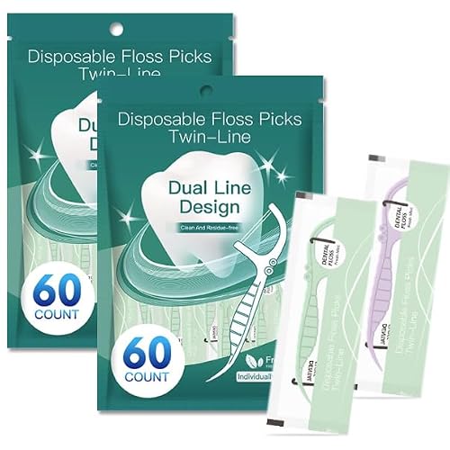 Dental Floss Picks,Dental Flossers 120 Count Individually Wrapped, Mint Flavor Thread Dual Strand Floss & Toothpick 2-in-1, Won't Break Travel Floss Sticks for Clean, Portable (Green + Purple)