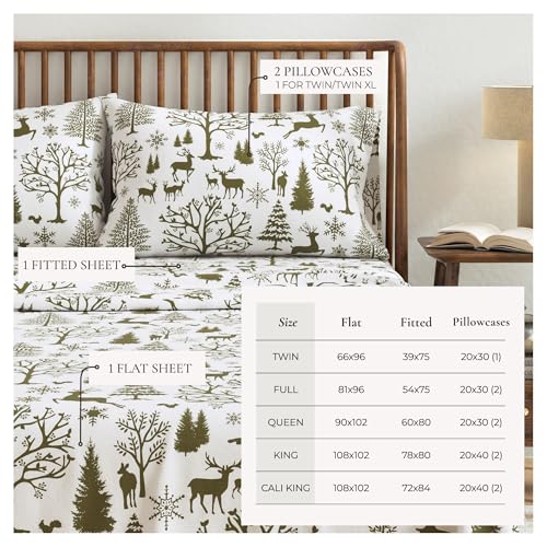 Image of Great Bay Home Flannel Sheet Set Queen Size - 100% Turkish Cotton, Double-Brushed, Lodge-Printed Bed Sheets - Ultra-Soft, Cozy, 4-Piece Bedding Set (Olive Branch Enchanted Woods)