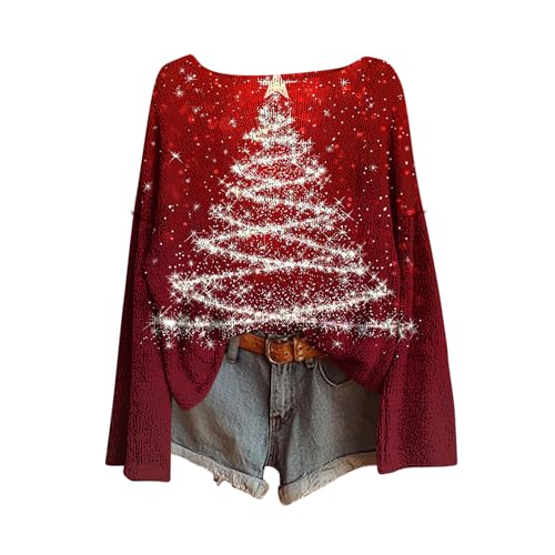 Image of christmas clothes Womens Christmas Tree Sweatshirts UK Long Sleeve Novelty Funny Print Jumper Oversized Crewneck Xmas Holiday Casual Shirts Fashion Pullover Tops Fall Winter Red XL