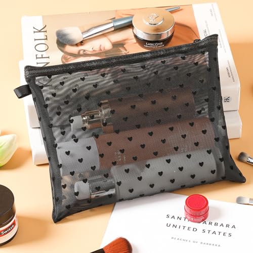 4-Piece Heart Printed Mesh Makeup Bag Set, Portable Travel Mesh Cosmetic Bags Toiletry Bags Makeup Purse Bags Mesh Zipper Storage Pouches for Home Offices Travel Accessories (Black)4