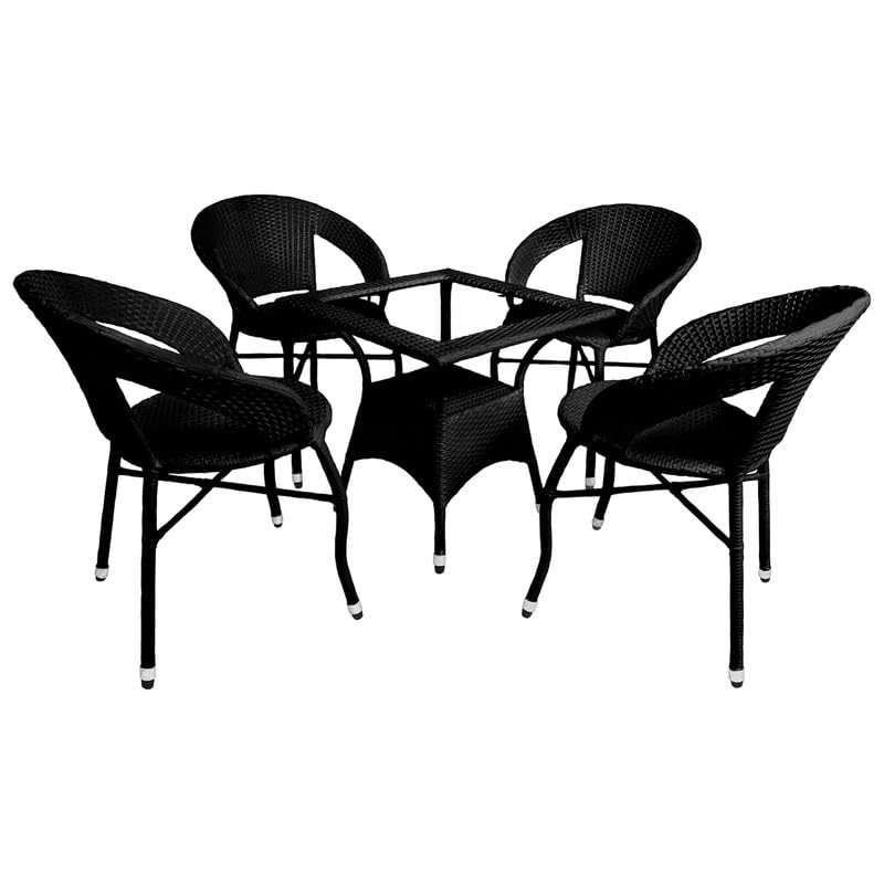 Image of Amazon Brand - Solimo Rattan Wicker 4 Seater Patio Seating Set | 4 Chair and 1 Square Glass Topped Table Set | Coffee Table Furniture for Balcony, Garden, Terrace, Indoor, Outdoor Use (Black)
