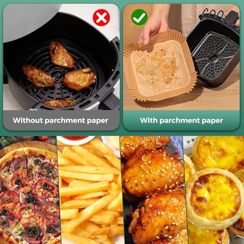 Image of Air Fryer Disposable Paper Liners 100 Pcs Square Oil-Proof Parchment Sheets | Non-Stick Airfryer Basket Liners for Baking, Roasting & Frying | Heat Resistant & Easy Cleanup