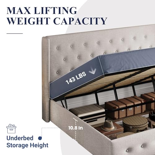 Allewie King Size Lift Up Storage Bed, Button Tufted Headboard with Wingback, Hydraulic Support, No Box Spring Needed, Light Beige