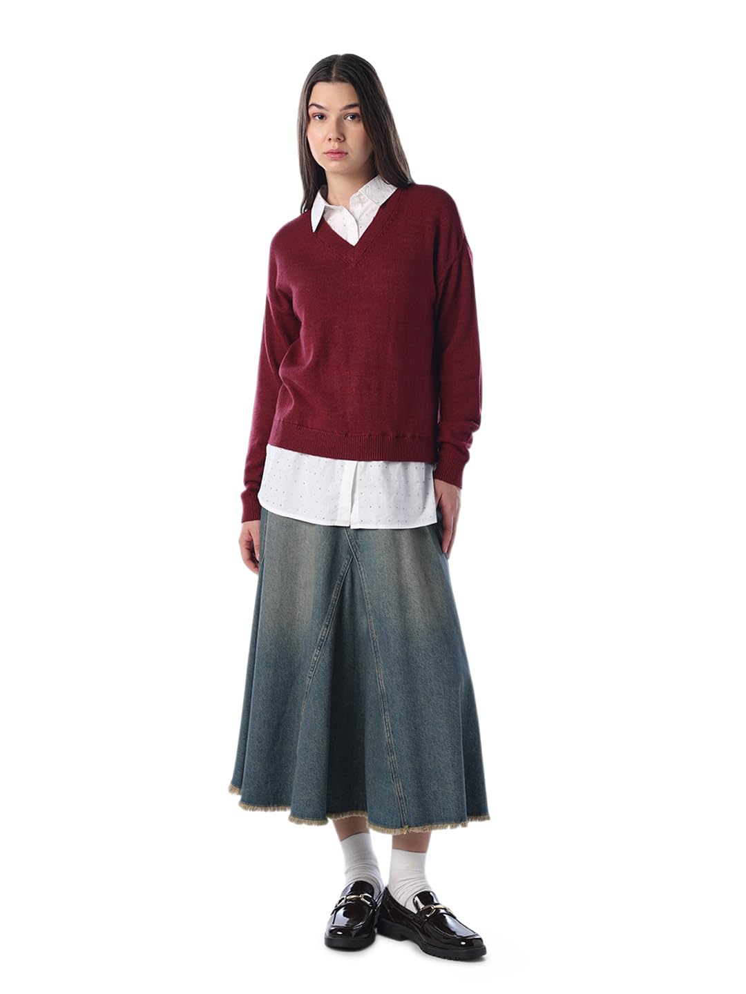 Women's Embellished Regular Fit Maroon Sweater and Mock Shirt-image-23