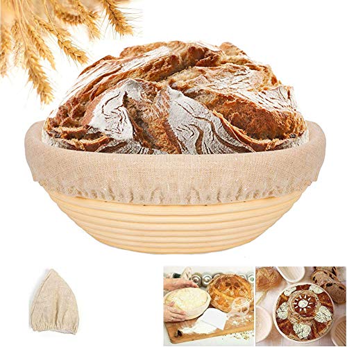 Gärkörbchen, Lzfitpot Gärkorb Rund mit Leineneinsatz, Brotform Brot Backen Zubehör aus natürlichem Peddigrohr, ø 25 cm, Höhe 8.5 cm, Bread Basket für 1,0 Kg Brot Teig