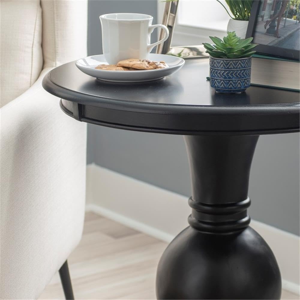 Pemberly Row Transitional Wood Accent Table, Jet Black Finish, Circular Pedestal Base, 26 in Tall, MDF with Birch Veneer, Compact Living Room or Bathroom Table for Extra Surface Space