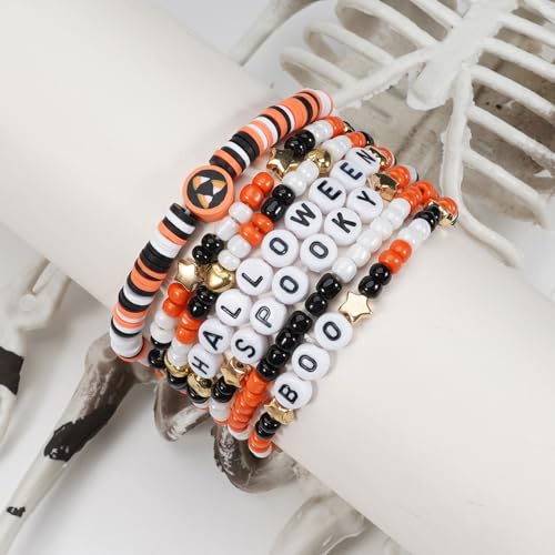 Ardorchid Halloween Bracelets for Women Pumpkin Ghost Steleton Bat Skull Beaded Stackable Stretchy Bracelet Rugby Thanksgiving Christmas Heishi Bracelets4