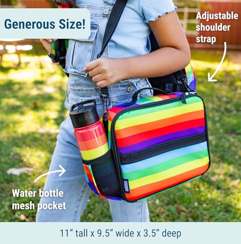 Image of Wildkin Kids ECO rPET Insulated Lunch Box - Keeps Food Hot or Cold, Easy-Clean Lining, Mesh Pockets & BPA-Free - Boys & Girls, Ideal for School, Travel & Daycare - Rainbow Stripe