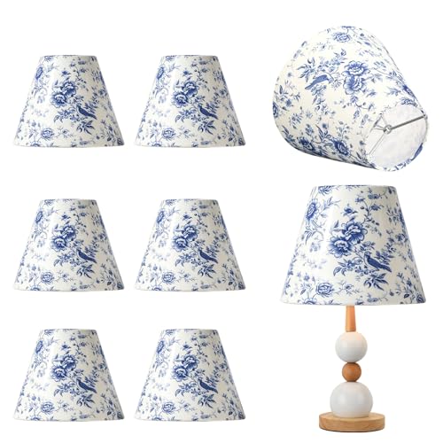 Lot de 8 abat-jours à clip, en tissu bleu et blanc, 15 x 13 x 7,5 cm, design floral, moderne, style simple, pour lampes à bougie, lustres, lampes de table,...