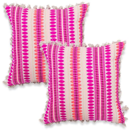 Image of HOKIPO 'Artisan Boho Series' 450 GSM Cushion Cover with Tassels | Cotton Acrylic Jacquard | 16x16 Inch (40x40 cm) | Pack of 2, Fucshia Pink (IN-905-A5*2)