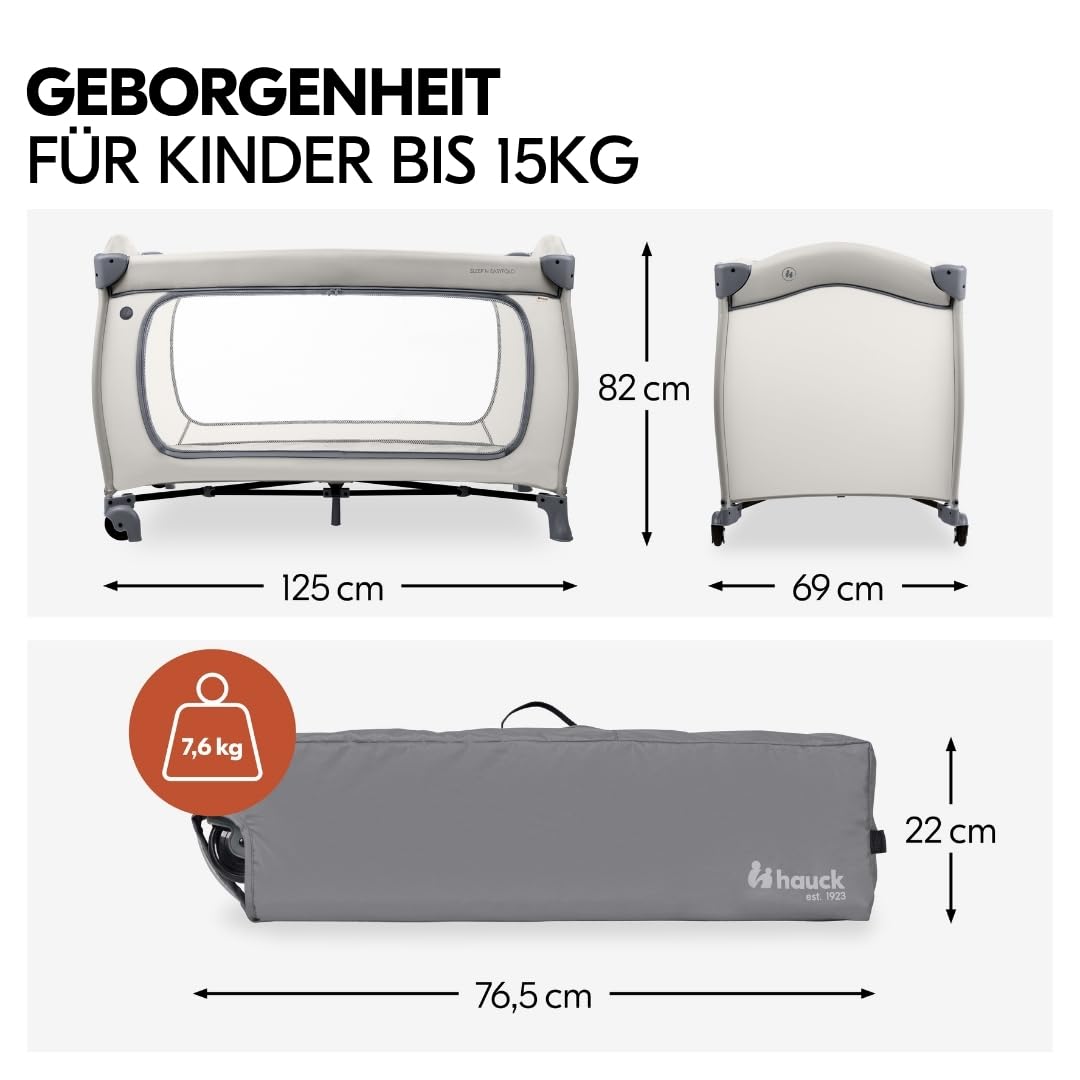 hauck Sleep N Easyfold Baby Reisebett Set- Dark Grey | inkl. Matratze & Insektenschutz | schnell faltbares Kinder Reisebett mit Rollen, Seiteneingang & Transporttasche