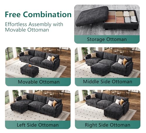 Image of Modular Sectional Sofa, 101 inch L Shaped Couch with Storage | High Resilience Foam, 22 inch Seat Depth, Movable Ottoman, Comfy Chenille, Easy Assembly, Black