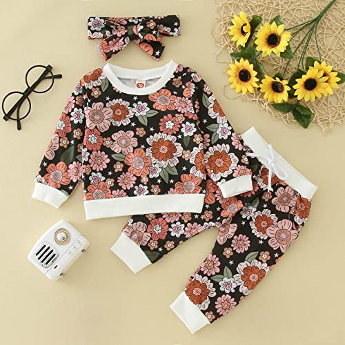 Calças infantis para meninas outono manga longa estampa de flores calças com faixa de cabeça 3 peças