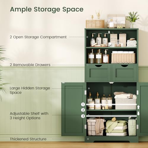 Image of Iwell Bathroom Storage Cabinet with Adjustable Shelf, Storage Cabinet with Doors, Kitchen Pantry Storage Cabinets, Cupboard, for Living Room, Dining Room, Entryway, Green