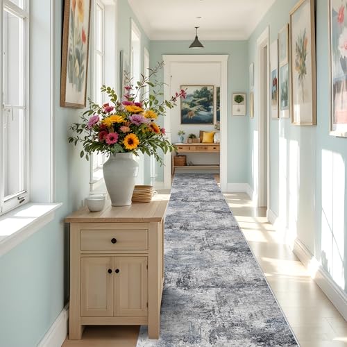 RUUGME Washable 3x25 Runner Rug - Living Room Abstract Rugs Soft Indoor Low Pile Carpet for Bedroom Kitchen Non Slip Backing Stain Resistant Distressed Floor Decor Machine Washable Mat 3x25 Blue
