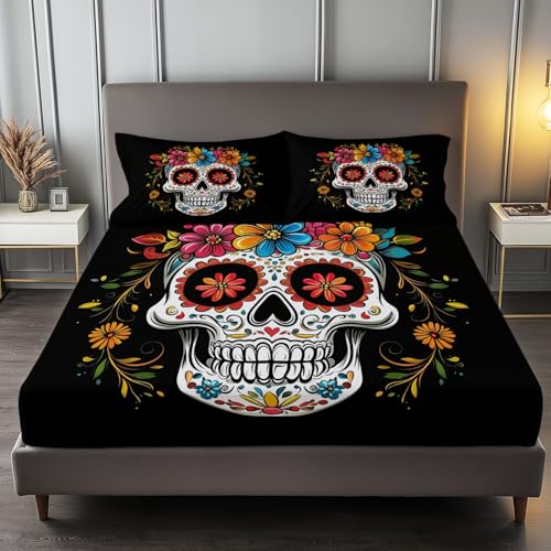 Fitted Sheet Twin Size Bedding Set for Kids Girls Women Men Room Decor, Soft Microfiber & Deep Pocket & Wrinkle Free Abstract Mexican Skull Bedding Sheets, Colorful