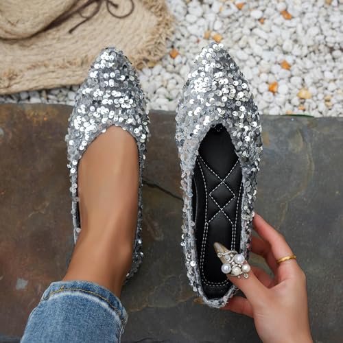 Sequin Flats for Women - Sparkly Pointed Toe Slip On Dress Shoes, Formal Silver Loafers for Weddings and Parties angle 2