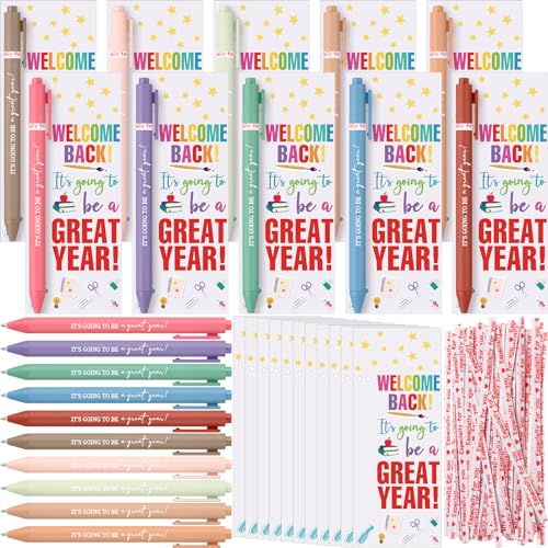 MotiMind 50 Set Welcome Back To School Supplies Gift Bulk Include Greeting Card with Tie and Inspirational Ballpoint Pen First Day of School Gift for Student Classmate Teacher Classroom (Cute Color)