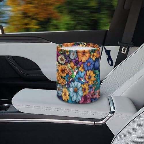Image of Hummingbird Flower Car Trash Can Leak Proof Waste Basket Container Bag Bin Hanging Cup Holder Organizer with Strap Mini Car Interior Accessories for Auto, Car, Camping, Travelling