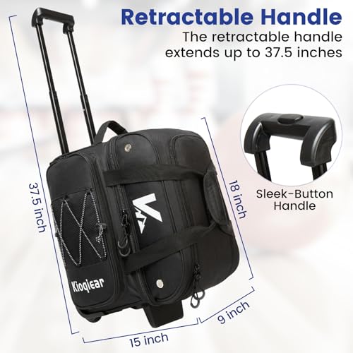 Kioqiear 2 Ball Bowling Bag with Wheel, Double Roller 2 Ball Bowling Bag with Compartments For Equipment and Shoes, Handle Extends to 37.5". (BLK) by Kioqiear - Image 4