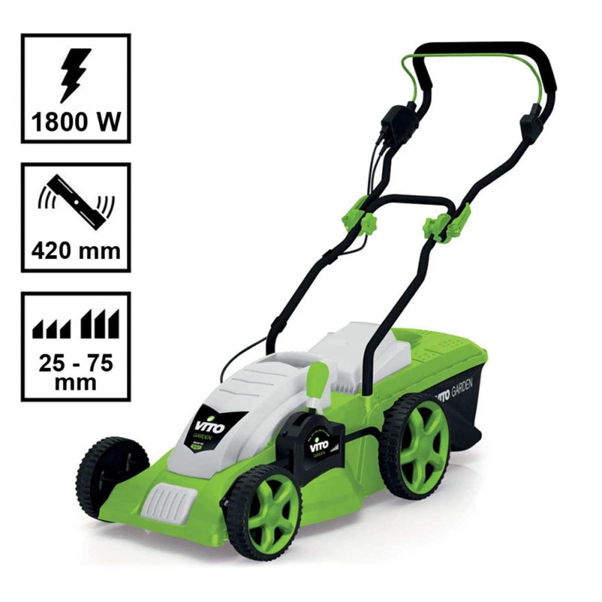 Cortacésped eléctrico vitogarden – 1800 W motor inducción – Copa 42 cm – 3 alturas de corte – Bandeja 50L