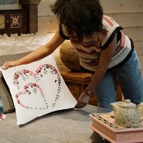 Image of FONNUY Crewel Pillow Case Embroidery Kit, Heart Shaped Loving You Floral Stamped Pattern Kits for Audlt Beginners, Works Crafts Throw Pillow Cover Great Gift for Loved Ones, 18 x 18'' (Beige)