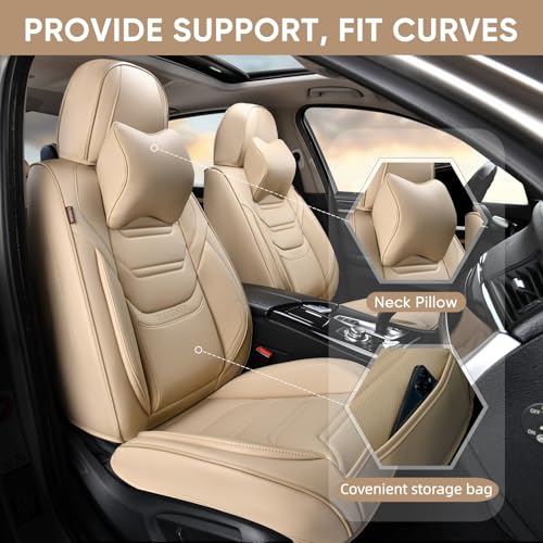 Image of TIEHESYT Beige Car Seat Covers Full Set, Breathable Leather Automotive Front and Rear Seat Covers & Headrest, Automotive Seat Cover, Compatible with Most Cars Sedans SUV Pickup Trucks