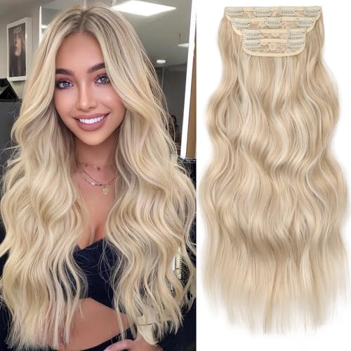 Image of KooKaStyle Wavy Thick Clip in Hair Extensions 20 inch Pearl Blonde | 4 Pieces Clip in Extensions,Fiber Double Weft Hairpieces,Natural Volume,Beach Wave Long Synthetic Hairpieces for Women