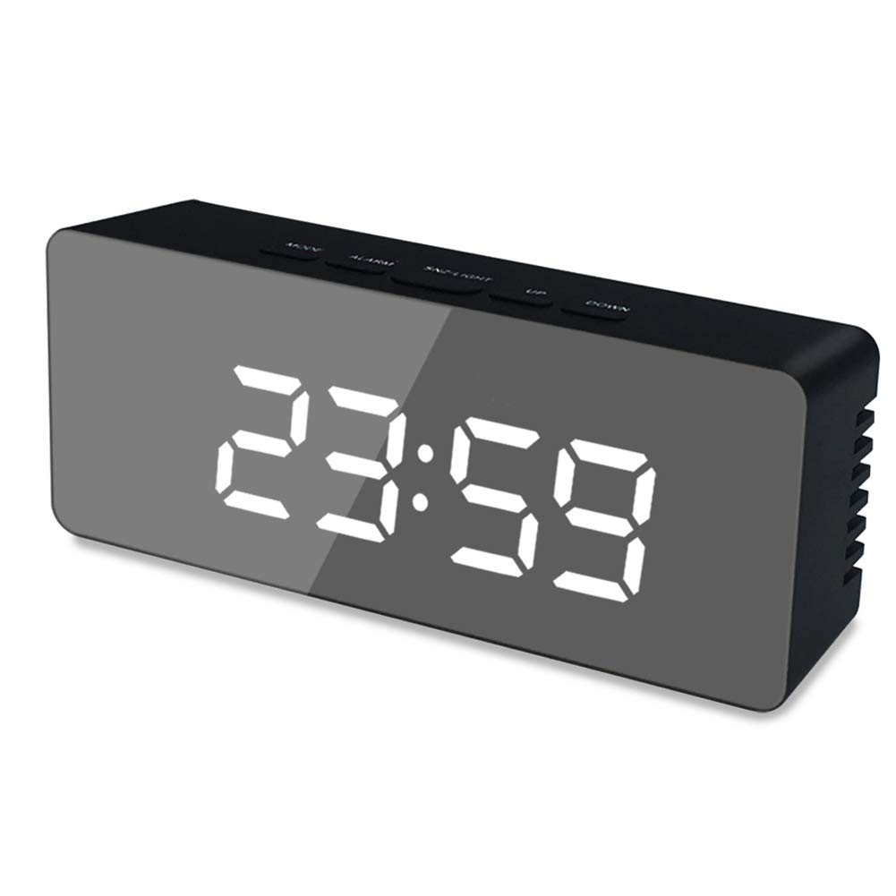 Homieco Sveglia Digitale con Superficie a Specchio Display a LED Tempo di Viaggio Protable Makeup Clock Dimmer, Snooze, Funzione Temperatura
