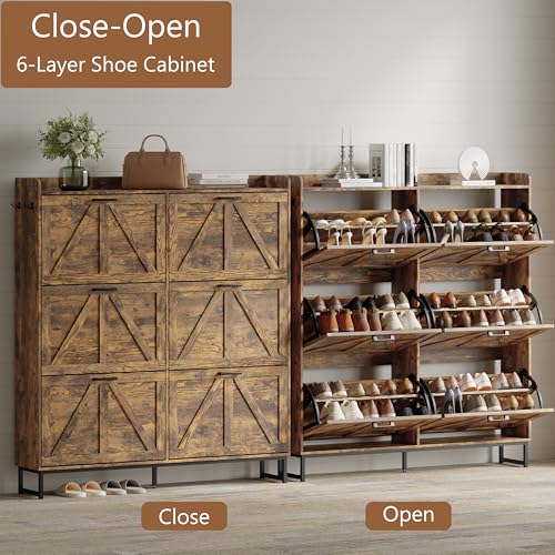 Image of Shoe Cabinet with 6 Flip Drawers, Freestanding Hidden Shoe Storage Organizer for Entryway, Narrow Slim Shoe Rack Cabinet with Open Storage & Hooks for Front Door Entrance, Living Room, Hallway, Brown