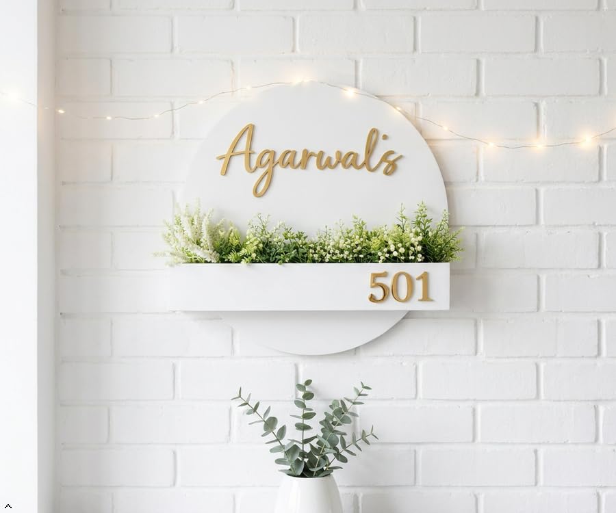 Customised Acrylic Name Plate for Home | Round Modern 3D Golden Letter Name Board with Flat Number Shelf | Personalized House Name Plate for Main Door, Flat, Apartment Entrance White & Gold (Plants not Included) 12 Inches-image-30