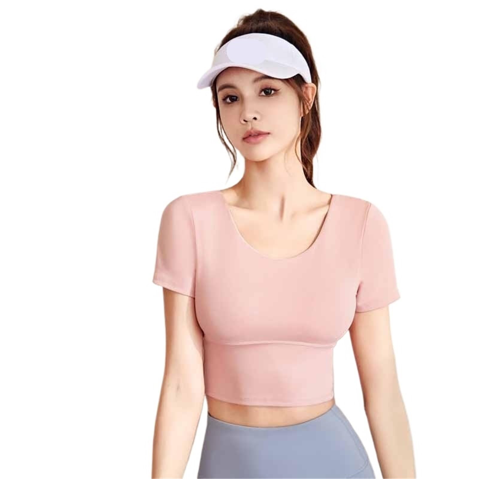 T-Shirts Et Tops De Sport Femme Chemises de Sport à Dos croisé for Femmes, col Rond, Manches Courtes, Hauts de Yoga, Fitness, vêtements d'entraînement, Dos Nu, Slim Fit(Pink,M)