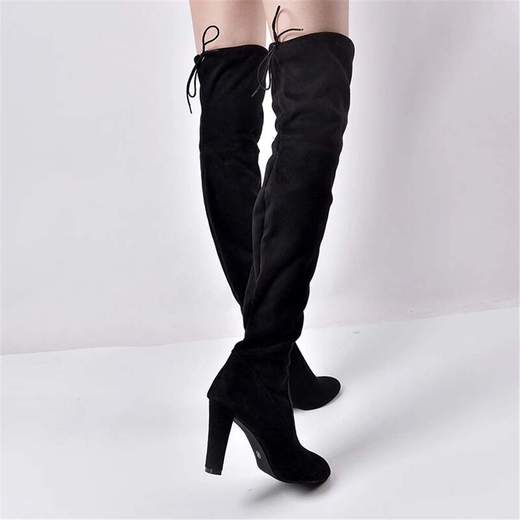 UMore Mujer Elegante Botas Altas Tacón Anchos Botas Muslo Cremallera Botas Altas hasta La Rodilla Talón Grueso Punta Redondeada para Mujer