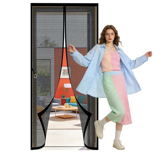 Cortina Magnética 112 x 240 cm Cierre Automático, Instalación sin Taladrar sin Taladrar Cortina Magnética Resistente para Puertas de Patio y Balconeras, Negro