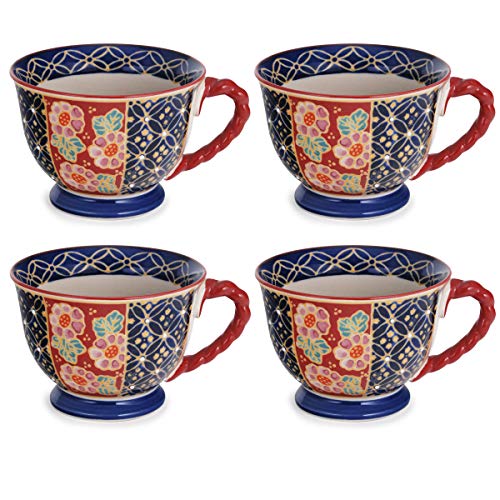 Attractive Ceramic Stoneware Set Of 4 Coffee Latte Mug Tea Cup With Spiral Handle Attractive Floral Designs 14 Fl Oz 4Pcs Pack (Oriental Classic) #TOP19