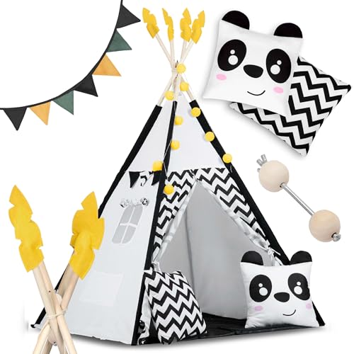 Nukido Tipi Tienda de campaña para niños Tippi Montessori, Tienda de campaña para Juegos, Tienda de Lectura, Tienda de Juegos para Interior con Luces, cojín Decorativo, Guirnalda en Negro, Blanco y