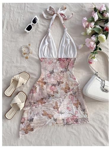 Verdusa Women's Floral Tiered Layered Halter Dress Ruched Backless Mini Dresses2