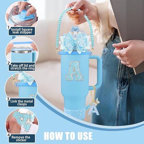 Hpebl 9PCS Blue for Stanley Cup Accessories Set Bling Initials Bow Charms for Stanley Decorations 30/40 Oz Tumbler Accessories Including Bow Straw Topper, Handle Strap, Spill Stopper（Letter A） - image 5