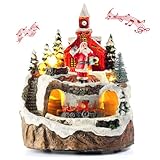 COSYOO Christmas Village Houses with Moving Trains, Lighted Polyresin Collectable Building with Santa Claus Figurines-4.5''4.5''6.3''