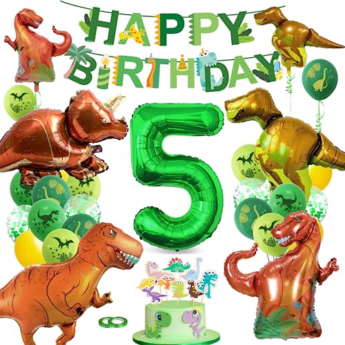 Decoracion Cumpleaños Dinosaurios, Decoración Cumpleaños Niño 5 Años Dinosaurios, Verde Globos de Dino Set, Dino Helio Globo Numero 5, Selva Decoraciones Cumpleaños de Fiesta