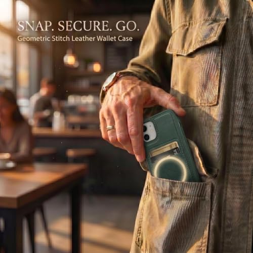 Image of amazon basics Premium Vegan Leather Back Cover with Card Holder and Integrated Mobile Stand for iPhone 11 - Slim Shockproof Wallet Case with Geometric Stitching [Green]