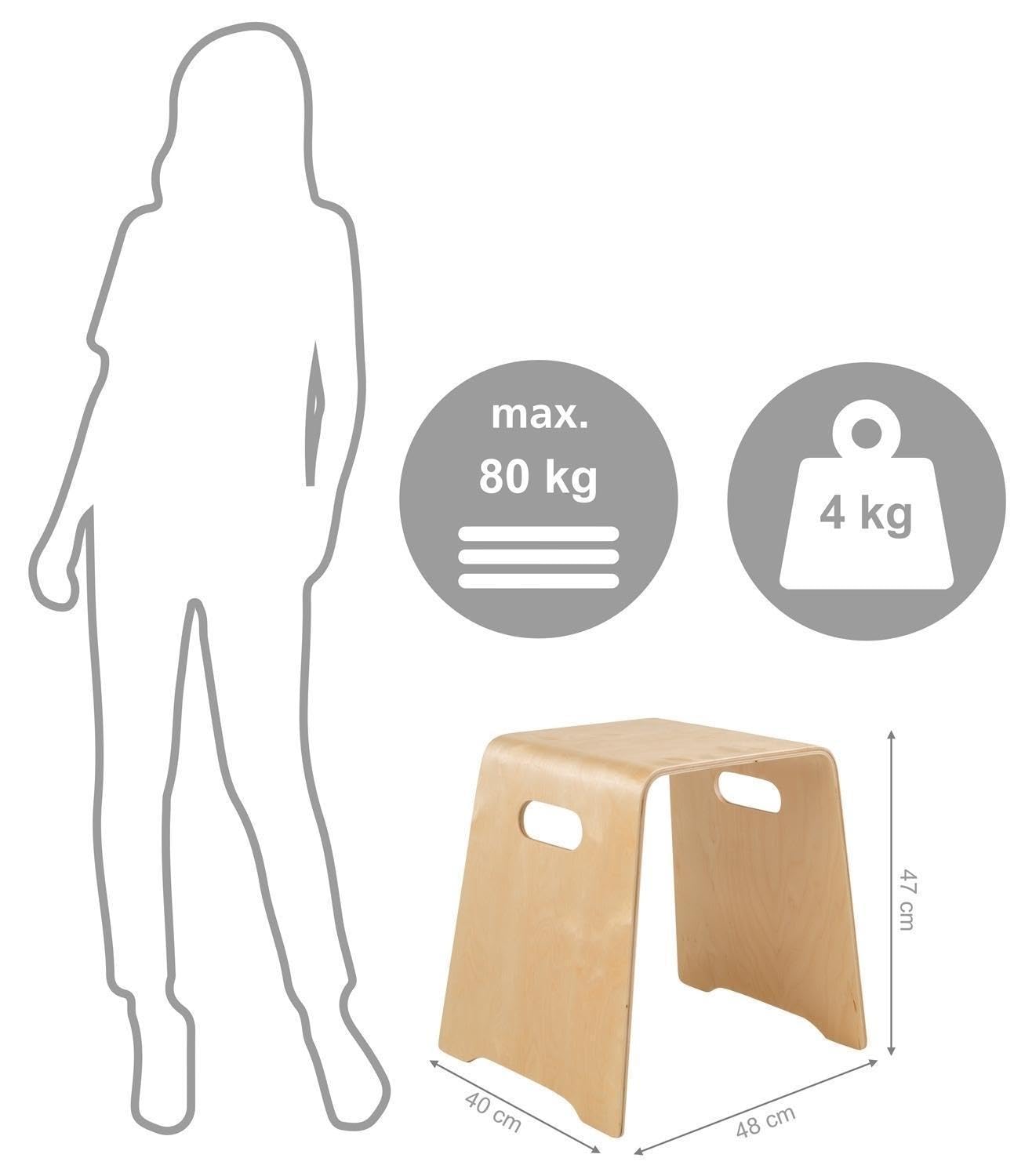 Sitzhocker - Stapelbar - Belastbar bis 80 kg - 47 x 45 x 42 cm - Braun - Birkenholz - Stapelhocker Holzhocker