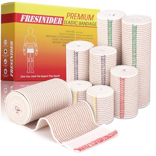 Image of FRESINIDER Premium Elastic Bandage Wrap 8 Pack, 2-6 Inch, Hook and Loop | Assorted-Width Cotton Compression Set Covers Wrist, Ankle, Knee and Thigh; Secure Ends for Full-Body Support and First Aid.