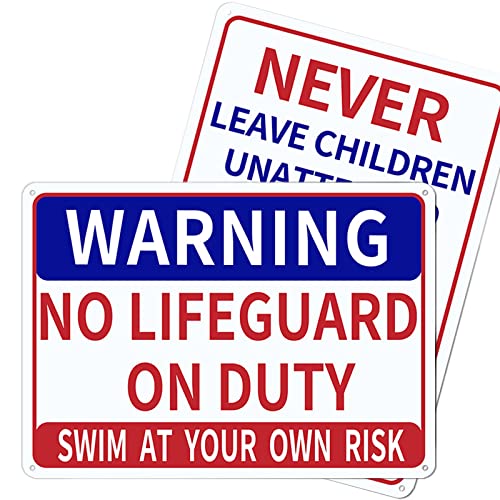 2 PACK Pool Sign 10x14 In and 0.040 Aluminum Pool Safety Signs and Decor for Outdoor No Lifeguard on Duty-Sign Swim at Your Own Risk and Never Leave Children Unattended Safety Signage