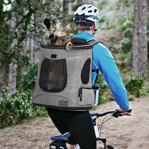 Petsfit Hunderucksack & Katzenrucksack für große Katzen bis 5kg - Leichter Katzen Rucksack mit Netzfenster, Brustgurt & Polster - Atmungsaktiver Rucksack für kleine Hunde, Grau