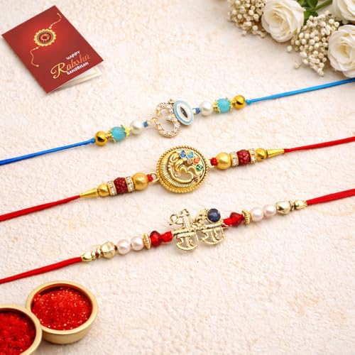 Image of Jaipur Ace Designer Kundan Rakhi with Lumba for Bhaiya Bhabhi | Premium Raksha Bandhan Thread for Brother & Sister-in-Law | Fancy Stone Work Bracelet with Tassel | Traditional Festival Gift (SET OF 3)