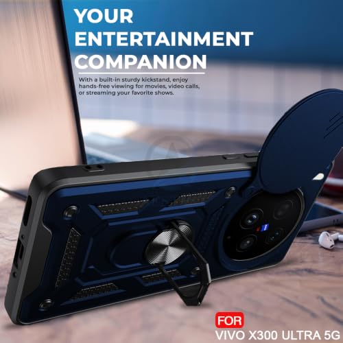 Image of AESTMO Tough Armor Vivo X300 Ultra 5G Bumper Back Case Cover | Ring Holder & Sliding Camera Shield Cover | 360 Degree Protection Back Case Cover for Vivo X300 Ultra 5G (Blue)